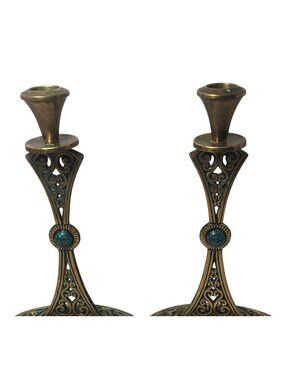Vintage Eliat Stone Brass Candle Holders with Ornate Filigree Design Set Of 2 Is